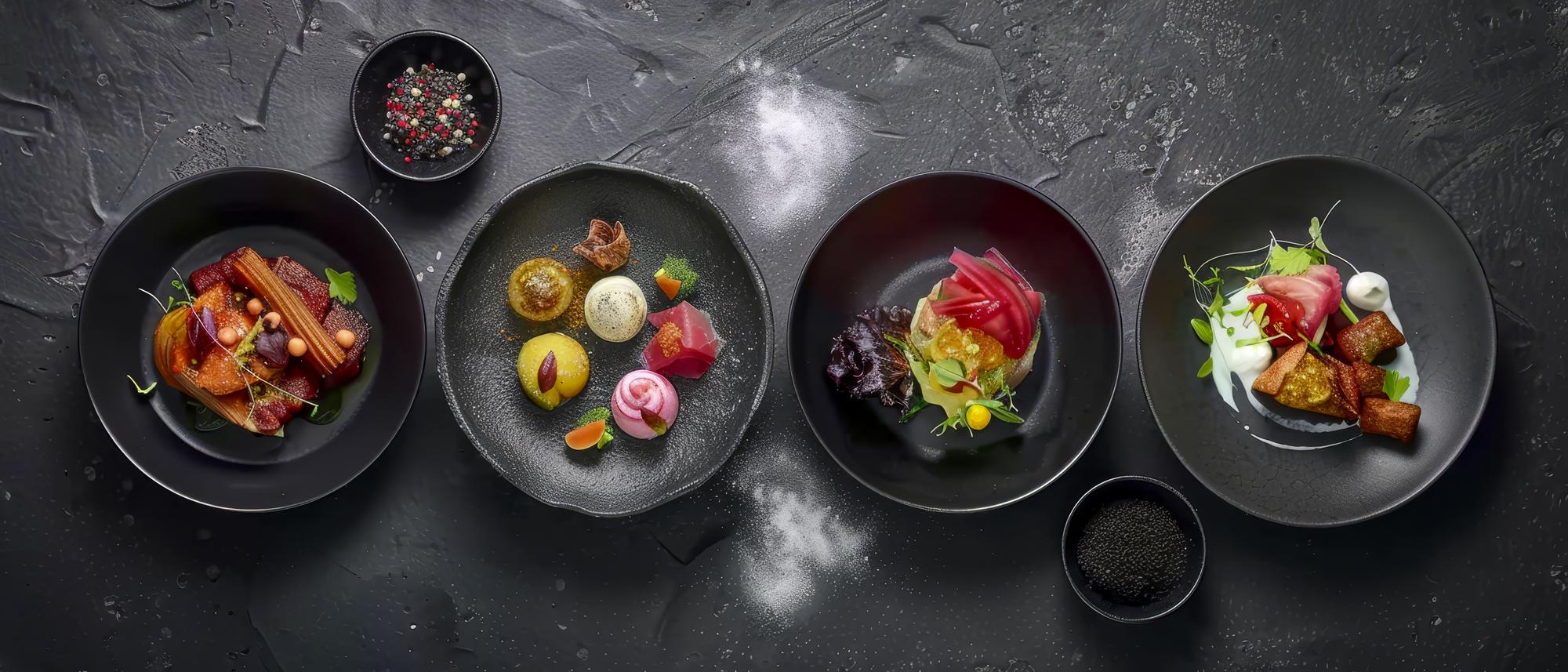 Array of plated dishes on dark surface